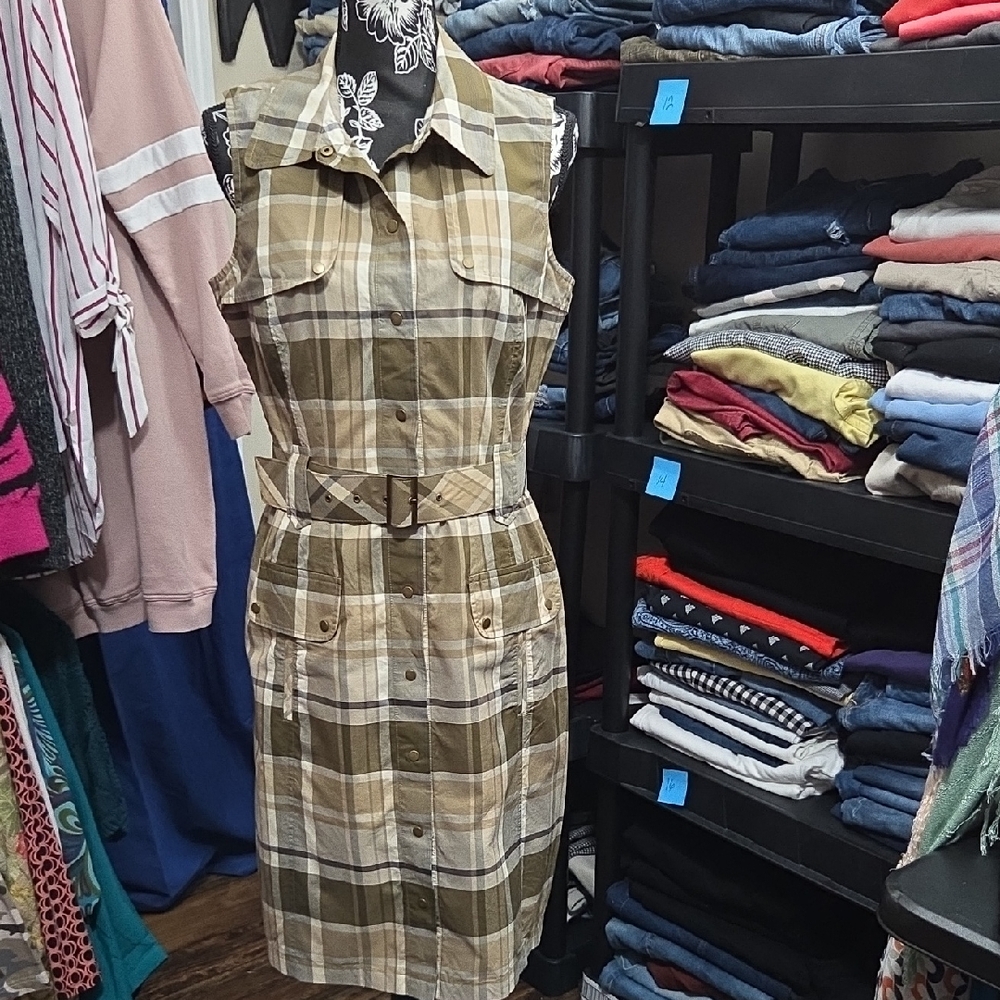 Talbots Olive and Beige Plaid Midi Dress